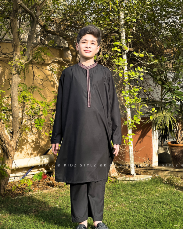 Boys Black Embroidery Kurta,Trouser (Viscose) - Image 2
